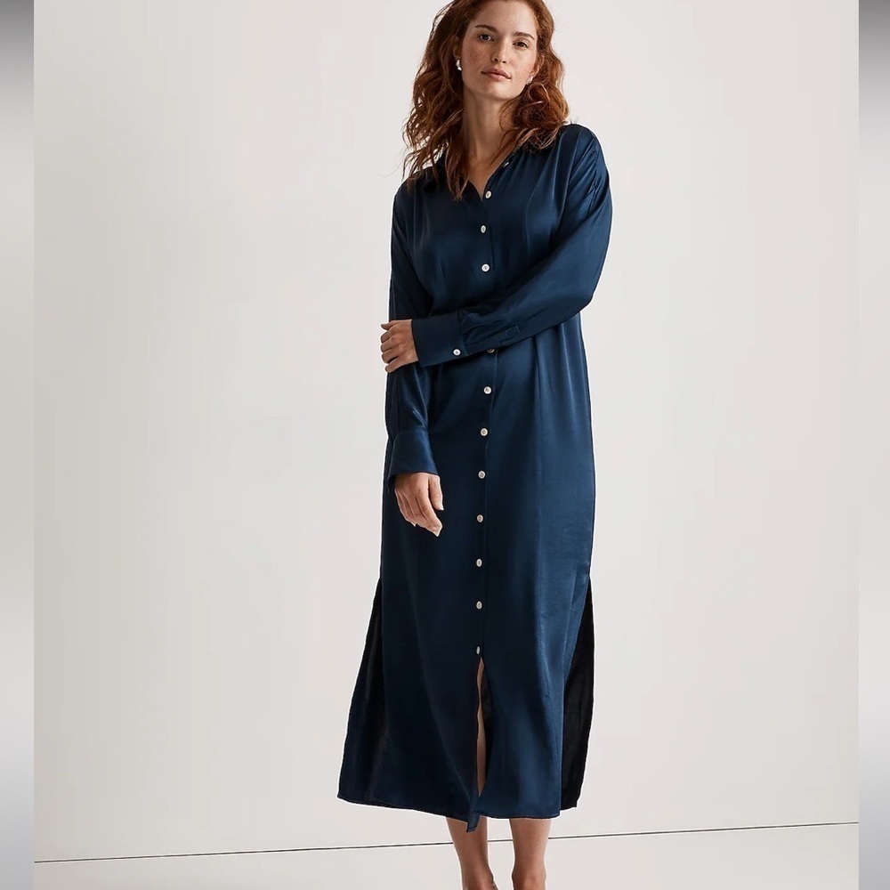Madewell Satin Button-Front Midi Shirtdress Indigo
